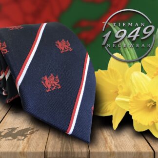 Adult Mens Polyester Navy Blue Welsh Dragon Tie with Red and White Stripes