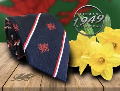 Adult Mens Polyester Navy Blue Welsh Dragon Tie with Red and White Stripes
