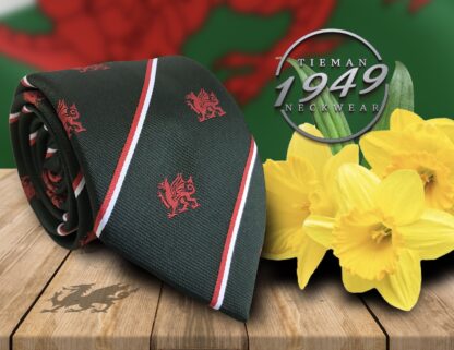 Adult Mens Polyester Navy Blue Welsh Dragon Tie with Red and White Stripes