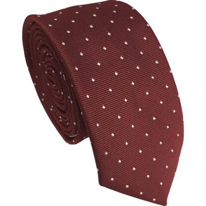 Adult Mens Polyester Burgundy with White Pin Dot Pattern Skinny Tie