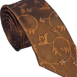 Adult Mens Silk Skinny Tie Copper Coloured with Metallic Floral Design and Light Blue Detail on Flowers