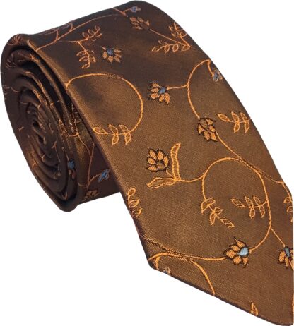 Adult Mens Silk Skinny Tie Copper Coloured with Metallic Floral Design and Light Blue Detail on Flowers