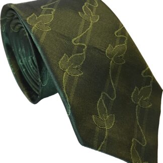 Mens Skinny Tie Olive Green Silk with Ivy Leaf Pattern