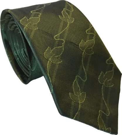 Mens Skinny Tie Olive Green Silk with Ivy Leaf Pattern
