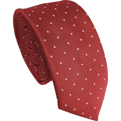 Adult Mens Polyester Red with White Pin Dot Pattern Skinny Tie