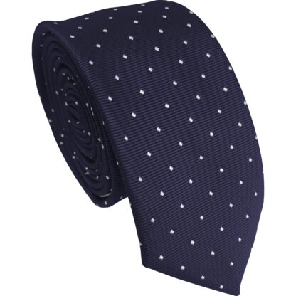 Adult Mens Polyester Navy Blue with White Pin Dot Pattern Skinny Tie