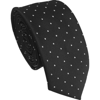 Adult Mens Polyester Black with White Pin Dot Pattern Skinny Tie