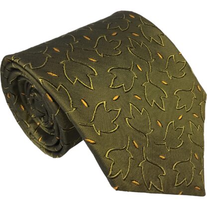 Adult Mens Silk Tie Olive Green with Earth Colours Allover Leaf Design