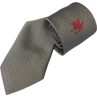 Adult Mens Polyester Tie Silver with Allover Red Spots and Centred Red Welsh Dragon Motif
