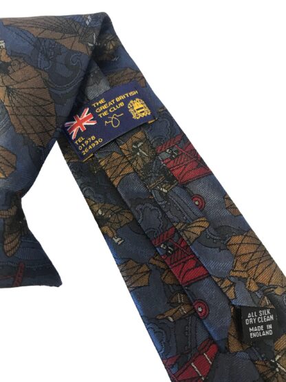 Adult Mens High Quality 100% Silk Aeroplanes Collectors Clip On Tie featuring Aircraft from the Red Baron Pioneers of Flight on a Subtle Paisley Patterned Background Made in England Great British Tie Club