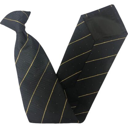 Adult Mens Navy Blue Clip On Tie with Gold Stripes and Dots on Subtle Black Check