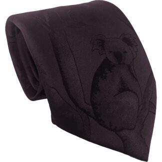 Adult Mens Polyester Tie Australian Tie Dark Wine with Allover Shadow Weave depicting Koala Bears in Tree Branches