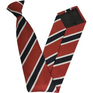 Adult Mens Polyester Clip On Tie Red with White Stripes surrounding Broad Navy Blue Stripes