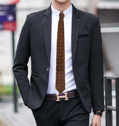 Adult Mens Tie Silk 2.5 inches 70s Style Brown with Bronze and Copper coloured Rotated Square Pattern with Suit