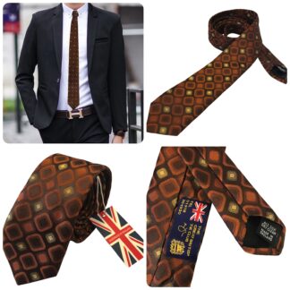 Adult Mens Tie Silk 2.5 inches 70s Style Brown with Bronze and Copper coloured Rotated Square Pattern with Suit Made in England