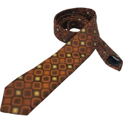 Adult Mens Tie Silk 2.5 inches 70s Style Brown with Bronze and Copper coloured Rotated Square Pattern
