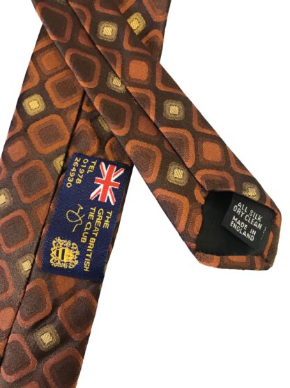 Adult Mens Tie Silk 2.5 inches 70s Style Brown with Bronze and Copper coloured Rotated Square Pattern Made in GB