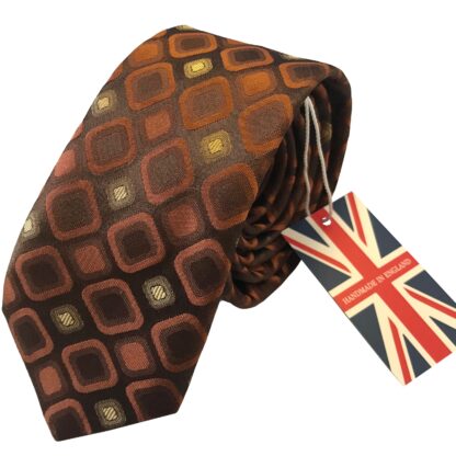 Adult Mens Tie Silk 2.5 inches 70s Style Brown with Bronze and Copper coloured Rotated Square Pattern Made in England