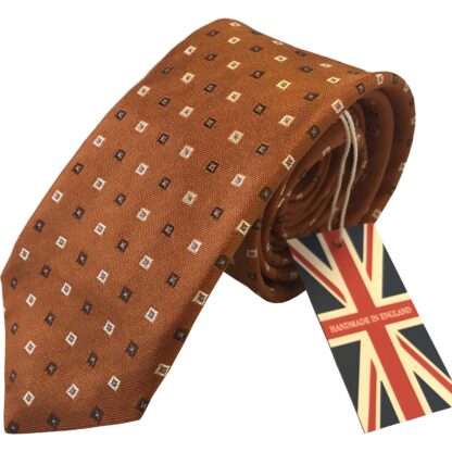 Adult Mens Copper with Light and Dark Brown Small Square Pattern Silk Tie Handmade in UK