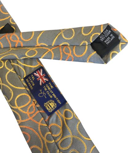 Adult Mens Grey with Orange Swirls Silk Tie Handmade in England Great Britain
