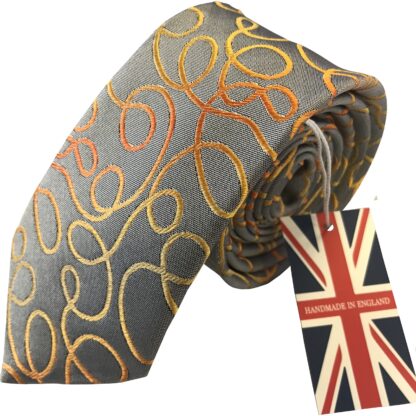 Adult Mens Grey with Orange Swirls Silk Tie Handmade in England GB