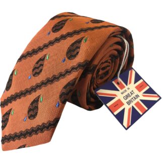 Adult Mens Silk 6.5cm Tie Orange with Black Paisley Droplet Pattern with Blue and Green Detail Made in Great Britain