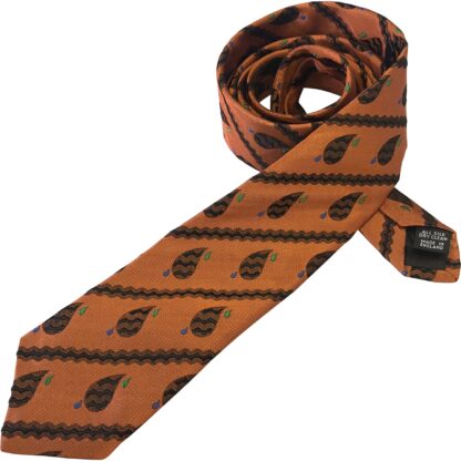 Adult Mens Silk 6.5cm Tie Orange with Black Paisley Droplet Pattern with Blue and Green Detail