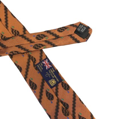 Adult Mens Silk 6.5cm Tie Orange with Black Paisley Droplet Pattern with Blue and Green Detail Made in England Great Britain