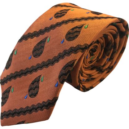 Adult Mens Silk 6.5cm Tie Orange with Black Paisley Droplet Pattern with Blue and Green Detail