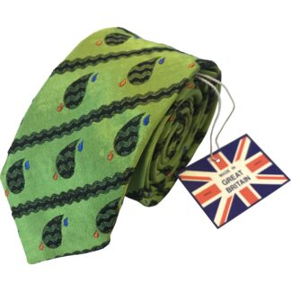 Adult Mens Silk 6.5cm Tie Green with Black Paisley Droplet Pattern with Blue and Green Detail Made in Great Britain