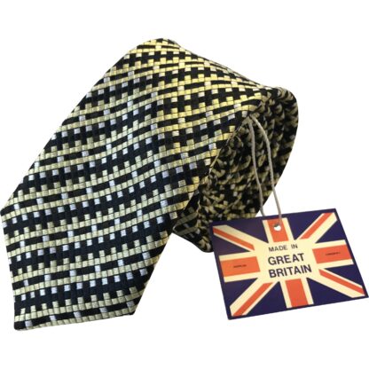 Adult Mens Silk 6.5cm Tie Black Gold and Silver Dice Check Small Checks Made in Great Britain Limited Stock