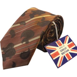Adult Mens Silk 6.5cm Tie Brown with Black Paisley Pattern and Old Gold Stripe Made in Great Britain