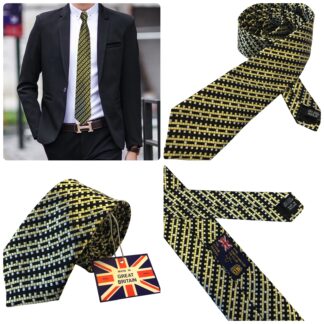Adult Mens Silk 6.5cm Tie Black Gold and Silver Dice Check Small Checks Limited Stock Made in England Great Britain with Suit