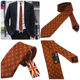 Adult Mens Copper with Light and Dark Brown Small Square Pattern Silk Tie with Suit Handmade in England UK