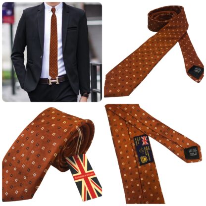 Adult Mens Copper with Light and Dark Brown Small Square Pattern Silk Tie with Suit Handmade in England UK