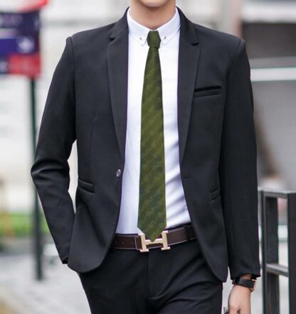 Adult Mens Silk 6.5cm Tie Olive Green with Ivy Leaf Pattern with Suit