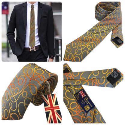 Adult Mens Tie Grey Silk with Orange Swirl Pattern with Suit Handmade in England Great British Tie Club