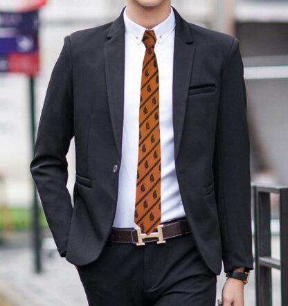 Adult Mens Silk 6.5cm Tie Orange with Black Paisley Droplet Pattern with Blue and Green Detail with Suit