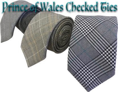 Adult Mens Checked Prince of Wales Ties in 3 Sizes 5cm 6.5cm and 8cm and 3 Designs Black and White with Green or Blue and Tan
