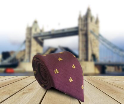 Adult Mens Polyester London Tie Burgundy/Maroon with Gold Tower Bridge Motif