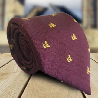Adult Mens Polyester London Tie Burgundy/Maroon with Gold Tower Bridge Motif