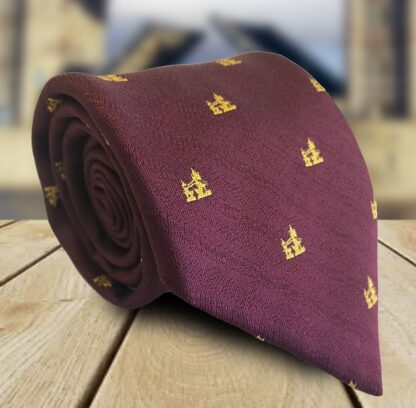 Adult Mens Polyester London Tie Burgundy/Maroon with Gold Tower Bridge Motif