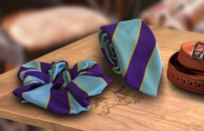 Children's Pony Club Equestrian Cadet Tie and Hair Scrunchie Purple and Blue Stripes with Gold