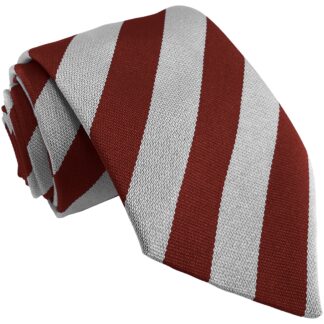 British Made - Maroon and White (Silver) School Equal Stripe Tie or Clip On Tie