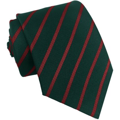 British Made - Bottle Green and Red School Narrow Stripe Tie or Clip On Tie