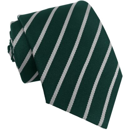 British Made - Bottle Green and White (Silver) School Narrow Stripe Tie or Clip On Tie