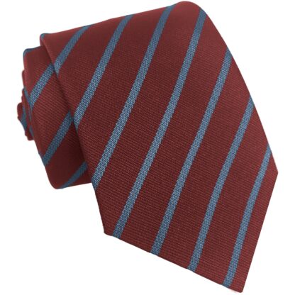 British Made - Maroon and Sky Blue School Narrow Stripe Tie or Clip On Tie
