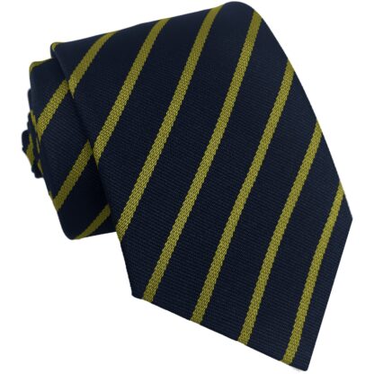 British Made - Navy Blue and Gold School Narrow Stripe Tie or Clip On Tie