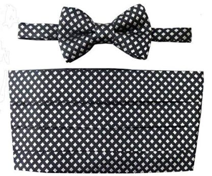 Black & Silver Harlequin Check Cummerbund Set (Includes Bow Tie & Pocket Square)