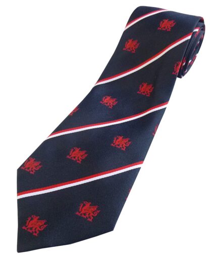Bottle Green Mens Tie with Red Welsh Dragon Design with Stripes Cymru Wales - Image 3